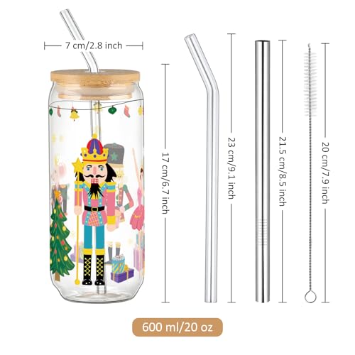 Joeyan Christmas Glass Cups with Lids and Straws - Style 14, 20oz Nutcracker Tumbler Gift Set