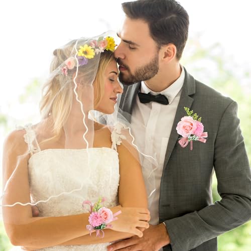 Pink Corsage and Boutonniere Set for Weddings & Proms - 2PCS