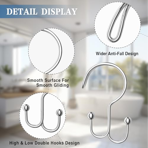 Rust Proof Silver Shower Curtain Hooks - 12 Pack, Anti-Drop Design