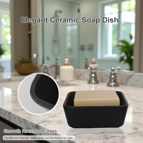 Vonpri Black Ceramic Square Soap Dish Holder for Bathroom & Shower