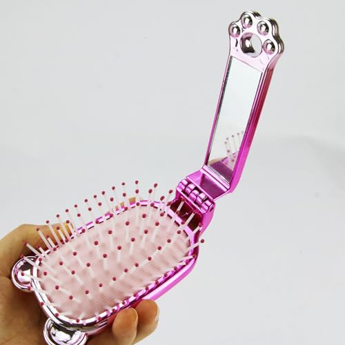 Tinsparkwin Folding Travel Hair Brush with Mirror Mini Detangling Comb