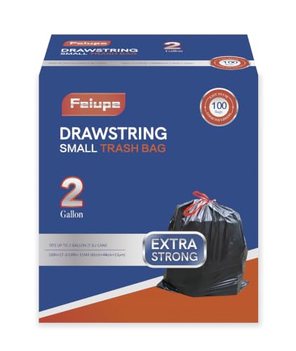 Feiupe 2 Gallon Trash Bags - 100 Count Thick Drawstring Liners