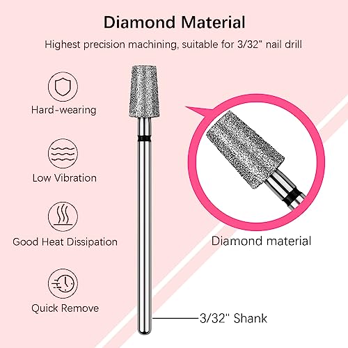 Rolybag Tapered Barrel Cuticle Nail Drill Bits - Coarse Diamond 3/32"