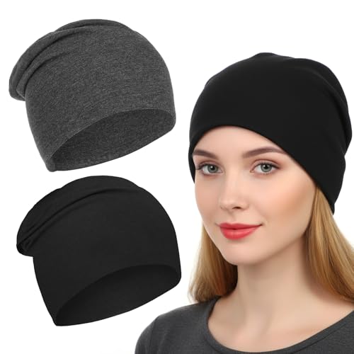 2 Pieces Unisex Lightweight Slouchy Beanie for Men Women, Fashion Style Soft Hip-Hop Caps, Breathable Night Sleeping Hat Skull Caps for All Seasons