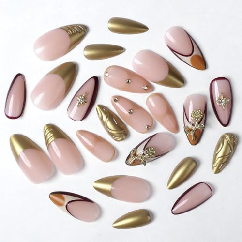 BUNLVDI Medium Almond Press on Nails French Tip Metal Star Fake Nails
