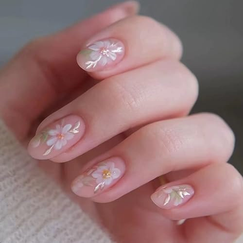 Short Almond Press on Nails with Fresh Floral Design Glossy Acrylic Fake Nails 30pcs