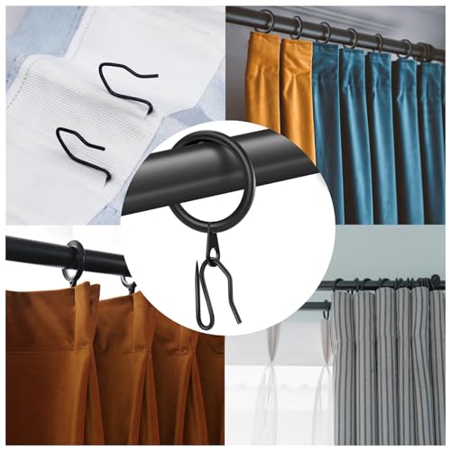 60 Metal Curtain Rings & Hooks Set - Durable Black 30mm Diameter
