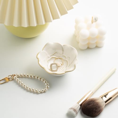 Mecaikru White Ceramic Flower Jewelry Dish - 3.5 in Ring Tray with Gift Box