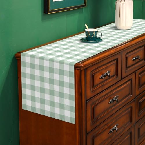 Sage Green Gingham Table Runner 13 x 72 Inches - Checkered Party Decor for Wedding, Birthday, Baby Shower, Home & Kitchen