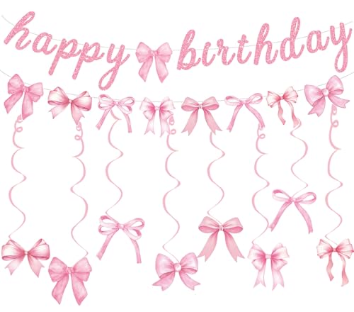 Pink Bow Birthday Party Decorations Set with Banner and Hanging Swirls