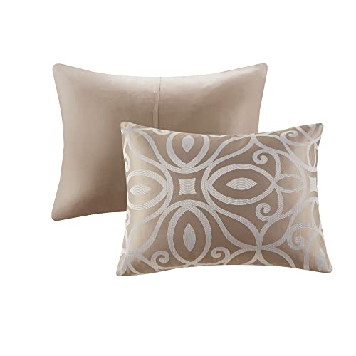 Madison Park Carina Cozy Comforter Set Luxe Jacquard Medallion Design with Embroidery and Pleated Details, All Season Bedding with Matching Shams, Decorative Pillow, Queen, Taupe 7 Piece