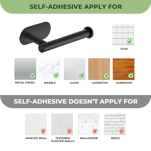 Matte Black Adhesive Toilet Paper Holder - SUS304 Stainless Steel, No Drilling