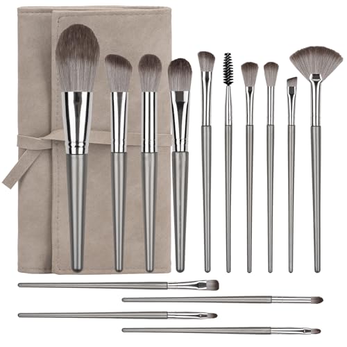 Amrules 14-Piece Professional Makeup Brush Set with PU Bag, Grayish
