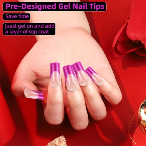 CHANGAR 150Pcs Rainbow Rectangle French Gel Nail Tips, Pre-Applied Base Coat Press On Nails