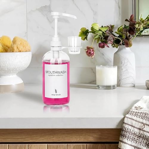 16 Oz Glass Mouthwash Dispenser with Cup Holder for Bathroom