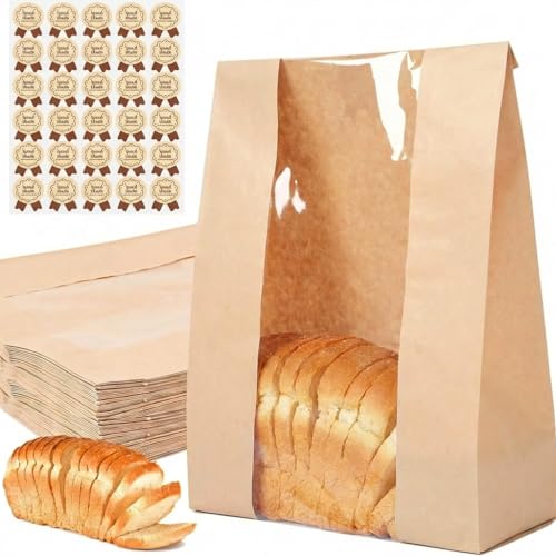 30 Pack Bread Paper Bags with Window & Labels - Homemade Bread Storage Bags