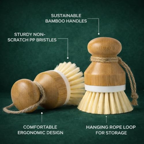 Set of 2 Eco-Friendly Bamboo Dish Scrubbing Brushes with Ergonomic Handles