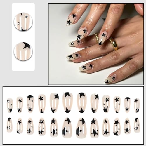 Pink French Tip Almond Press On Nails with 3D Star Charms - 24PCS