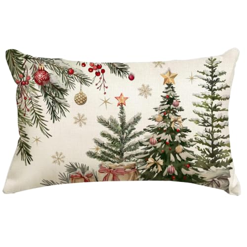 Christmas Pillow Cover 12x20 - Snowflake & Tree Design, Machine Washable