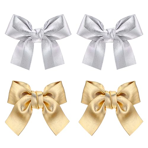 Mabor 4PCS Leather Hair Bow Clips - Metallic Gold & Silver Hair Accessories