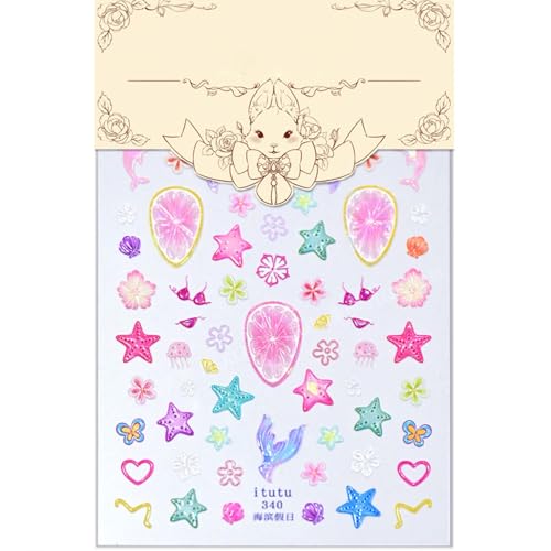 5D Embossed Summer Beach Nail Stickers Ocean Flower Starfish Decals