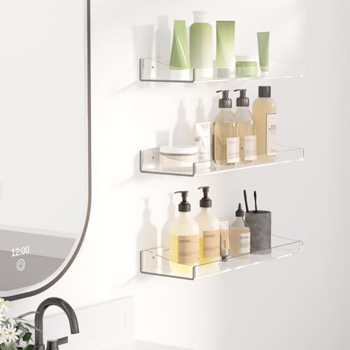 Clear Acrylic Floating Shelves - No Drill Wall Organizer (3 Pack)