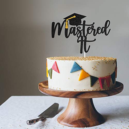 Black Glitter 'Mastered It' Cake Topper for Graduation Party