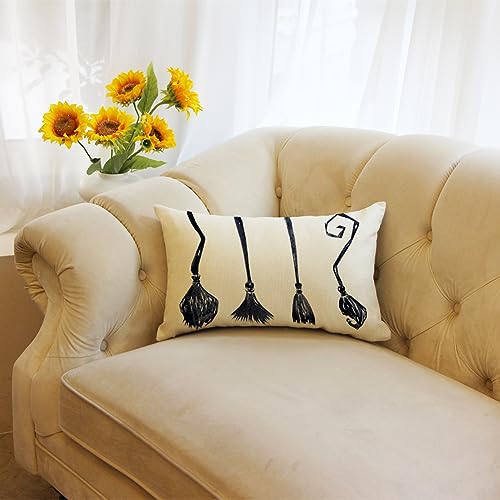 Halloween Witch Broom Throw Pillow Cover - 12x20 Inch Black Cushion Case