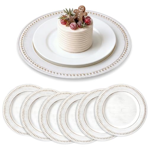 Farmhouse White Christmas Charger Plates Set of 6 - 13 Inch Beaded Plastic Dinnerware