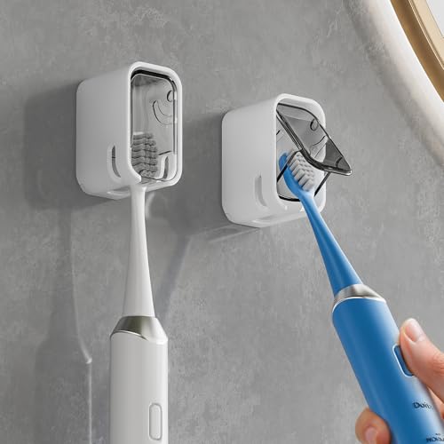 MOPMS Wall Mounted Toothbrush Holder with Cover, Grey - 2 Pack