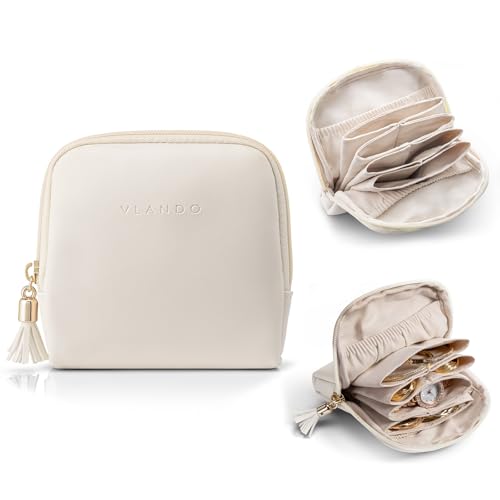 VLANDO White Travel Jewelry Organizer Case with Velvet Pouches, Compact & Waterproof