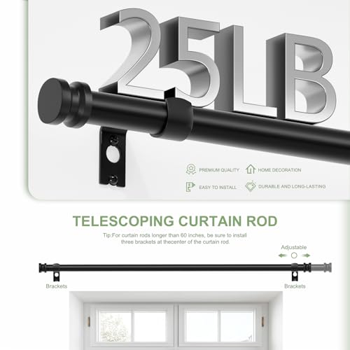 TKZTKZ Heavy Duty Black Curtain Rod - Adjustable 18-45 Inch Metal Rod