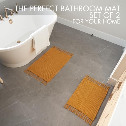 KIBAGA Set of 2 Mustard Boho Bathroom Rugs - Soft Cotton, Non-Slip, Washable
