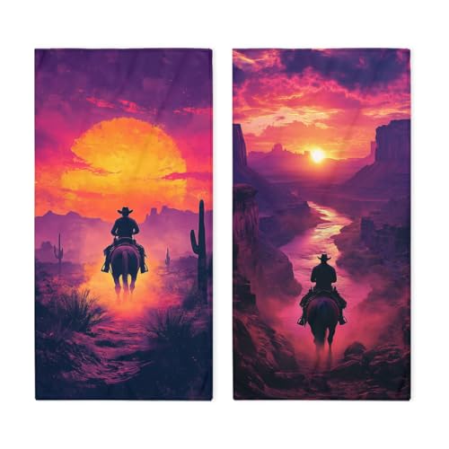 Wild West Hand Towels Set of 2, 28" x 14", Cowboy Cacti Design