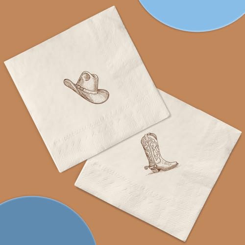 Whaline Western Cowboy Cocktail Napkins - 50 Pcs, Brown Boot & Hat Design