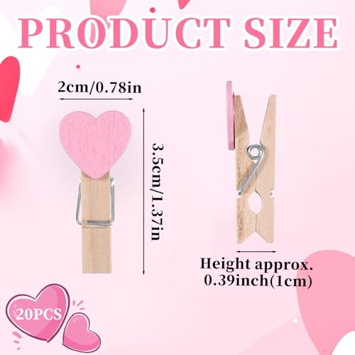 20 Pink Heart Wooden Clothespins with Jute Rope for Photos