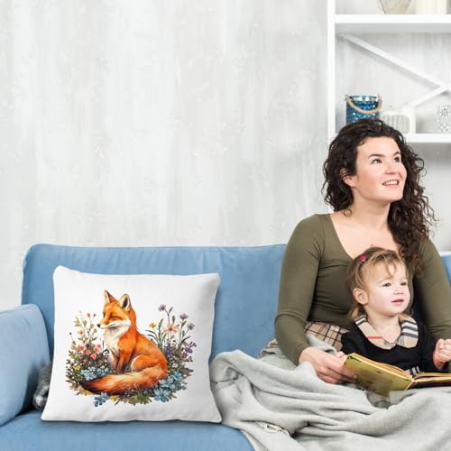 JINYO Floral Fox Pillow Covers 18x18 Inches, Soft Flannel Botanical Decor