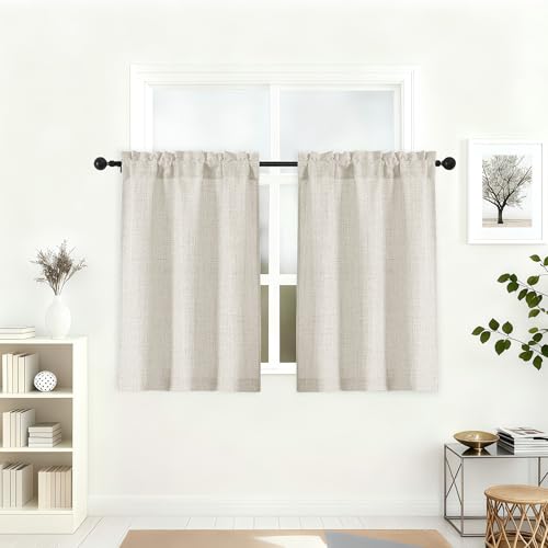 Lecloud Natural Faux Linen Kitchen Tier Curtains, 30"W x 36"L, 2-Pack