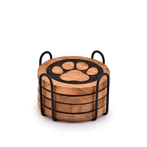 Kimona Set of 4 Wooden Paw Coasters with Iron Holder