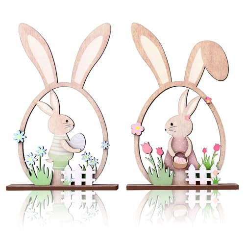 Easter Bunny Desk Ornaments - 2Pc Wooden Floral Decor Set