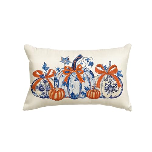 Blue Pumpkin Chinoiserie Pillow Cover - 12x20 Inch Fall Decor