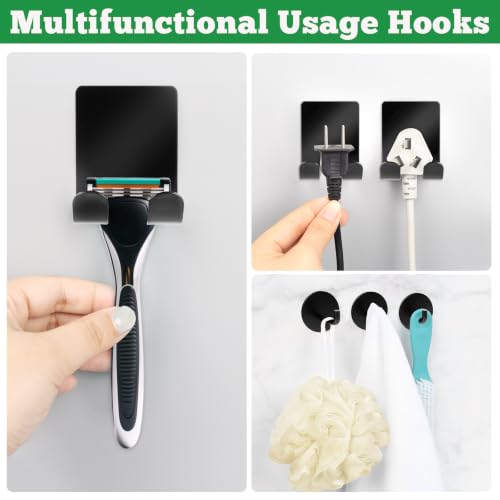 NEATABY Black 4-Pack Bathroom Adhesive Hooks - Stainless Steel Shower & Razor Holders, Removable & Drill-Free