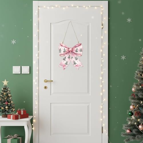 Vintage Christmas Wooden Door Sign with Pink Bow - 11.8" x 10.8"