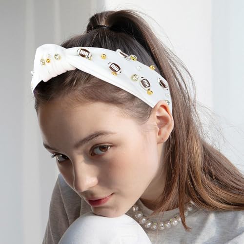 WHAVEL White Football Headband - Pearl Rhinestone Knotted Hairband