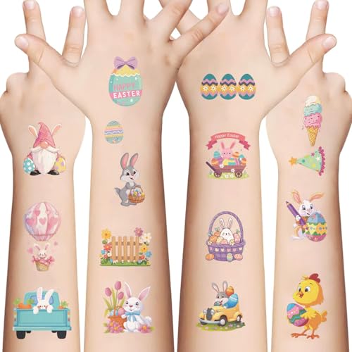 DounakeEvth Easter Temporary Tattoos for Kids - 10 Sheets Waterproof Bunny & Egg Stickers