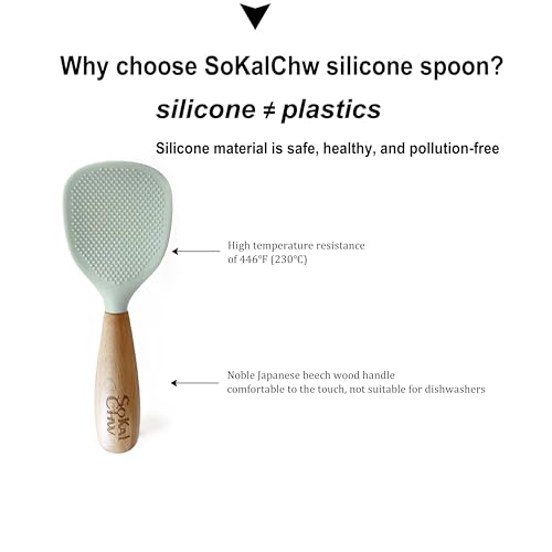Green Silicone Rice Spoon with Wooden Handle - Heat-Resistant Cooking Utensil