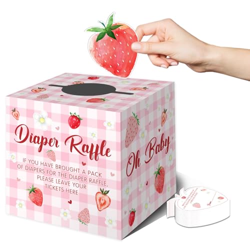 Fisahat Strawberry Baby Shower Decorations - 50 Pink Diaper Raffle Tickets with Box - Baby Girl Theme