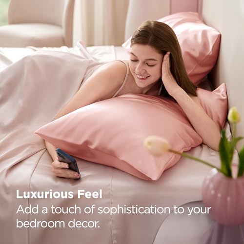 Bedsure King Satin Pillowcases Set of 2 - Peach Pink, Silky Soft for Hair & Skin