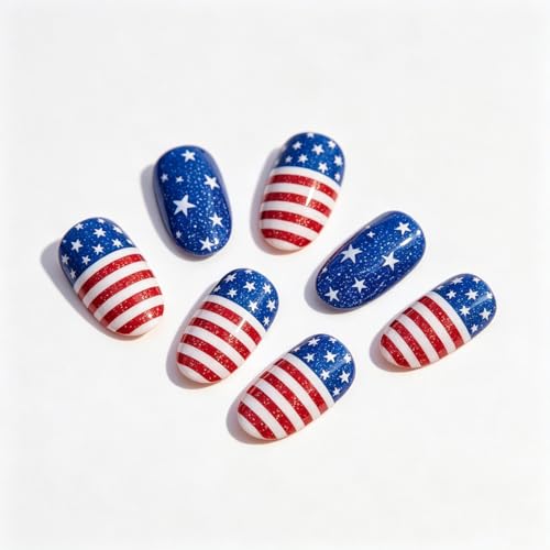 4th of July Short Almond Press on Nails Star Stripe Fake Nails