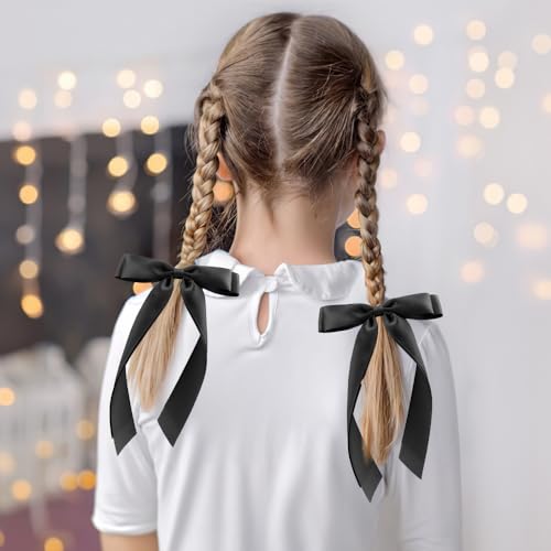 Silky Satin Bow Double Ribbon Hair Clips 2-Pack Beige Black